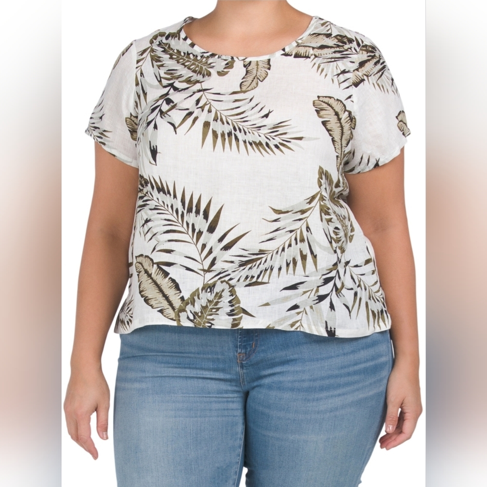 100% Linen C&C California Plus Printed Short Sleeve Top, Tropic, 1X, NWT